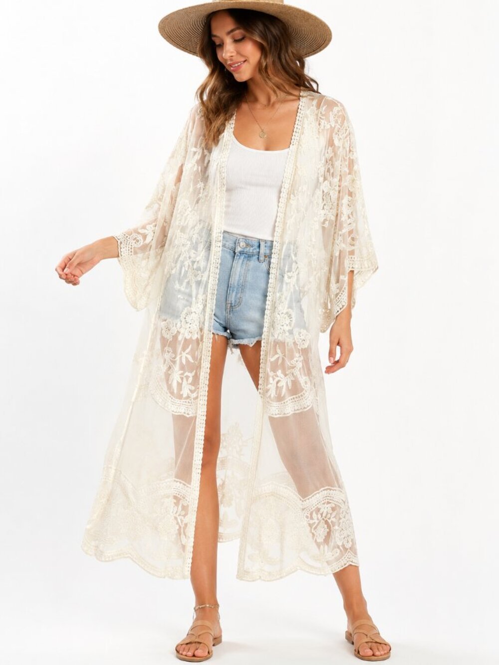 NWOT Cream Sheer Embroidered Lace Kimono Duster S Boho Cottagecore Festival